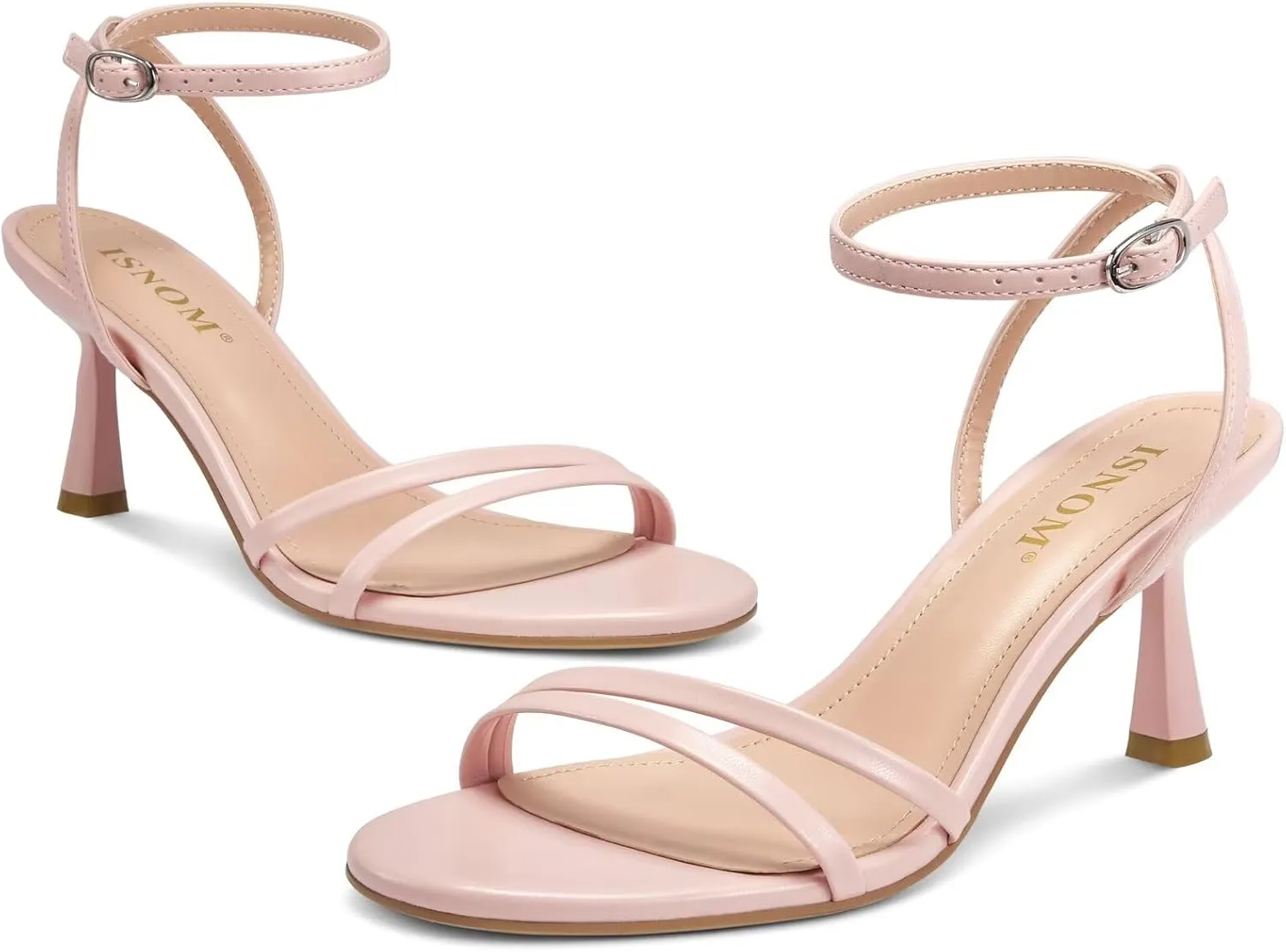 ISNOM Womens Sandals Round Toe Low Heels Strappy Ankle Strap Kitten Heel Comfort Dress Party Shoes