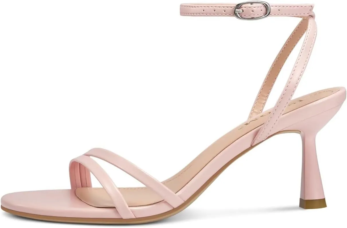 ISNOM Womens Sandals Round Toe Low Heels Strappy Ankle Strap Kitten Heel Comfort Dress Party Shoes