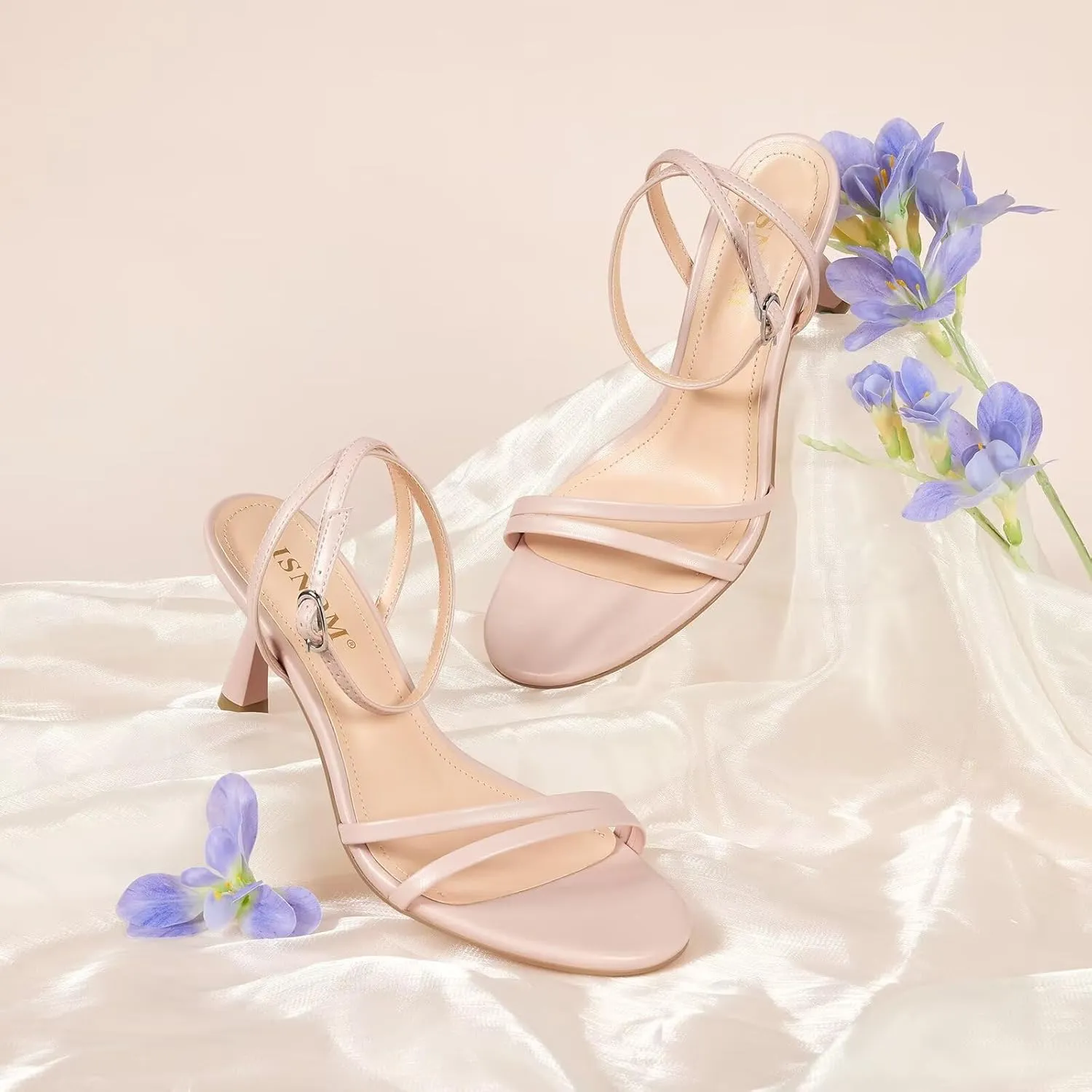 ISNOM Womens Sandals Round Toe Low Heels Strappy Ankle Strap Kitten Heel Comfort Dress Party Shoes