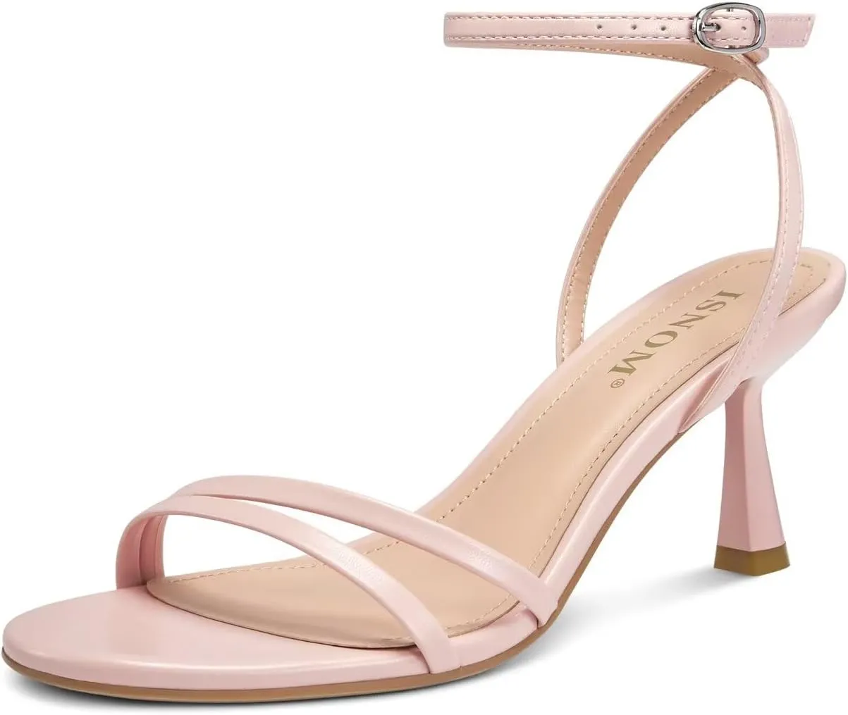 ISNOM Womens Sandals Round Toe Low Heels Strappy Ankle Strap Kitten Heel Comfort Dress Party Shoes