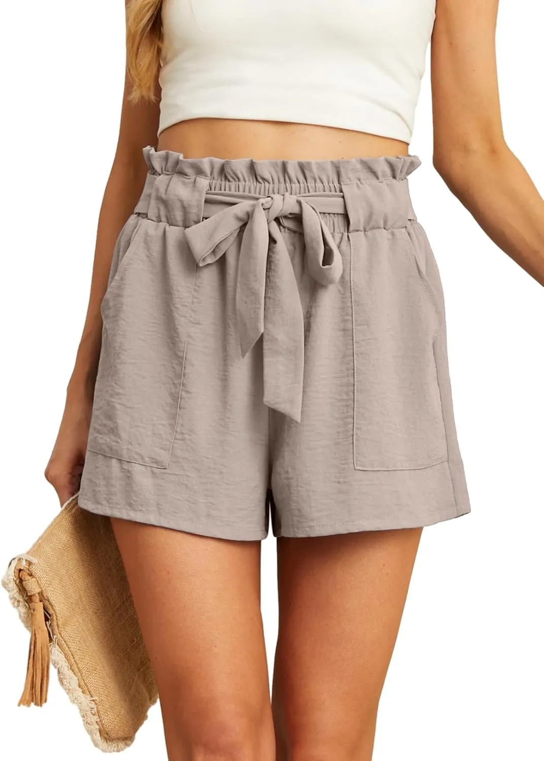 IWOLLENCE Womens Shorts with Pockets Summer Casual Shorts for Women Waist Casual Lightweight Adjustable Tie Knot Loose