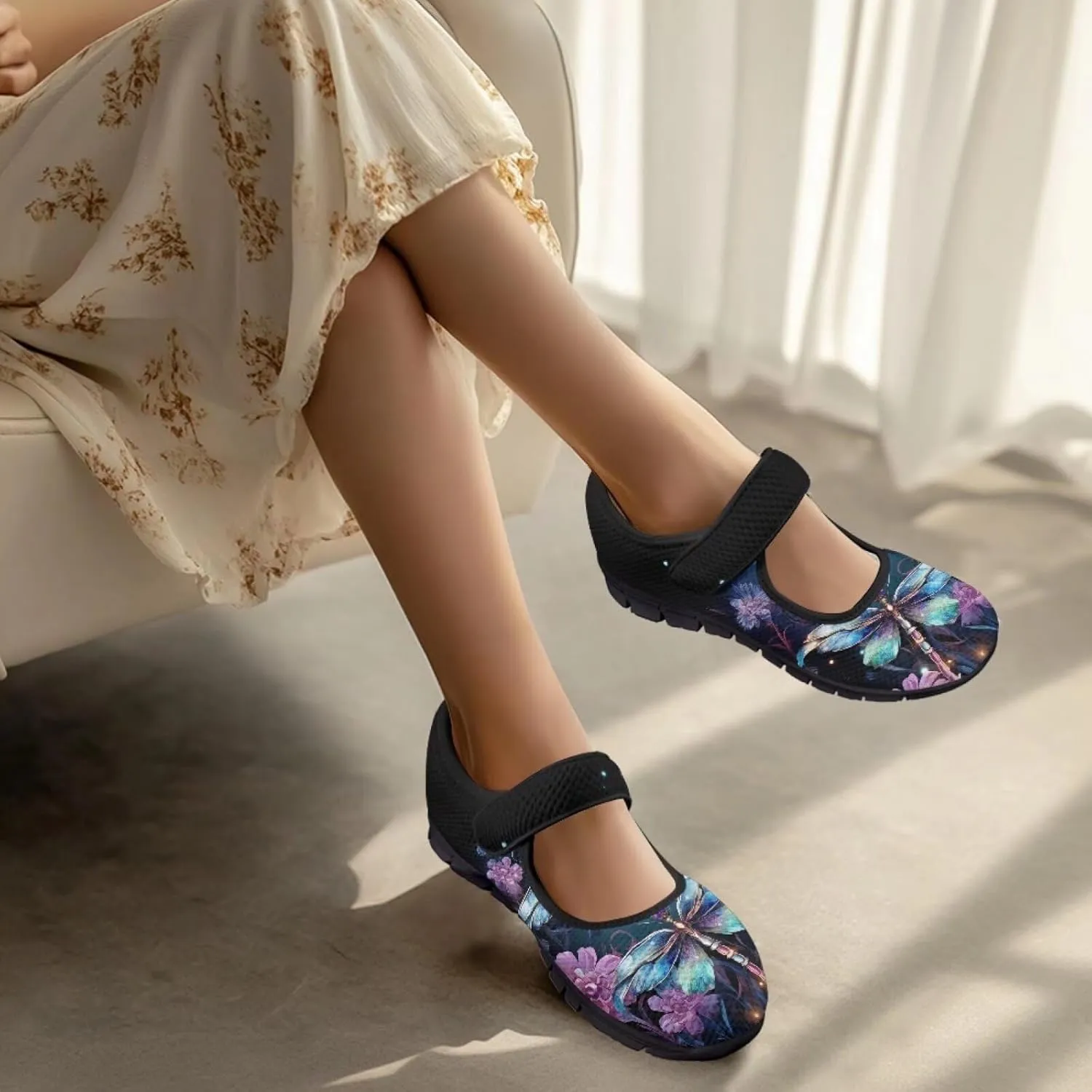 Jeiento Slip On Dragonfly Mary Jane Flats Ballet Flats Shoes for Women Round Toe Casual Dress
