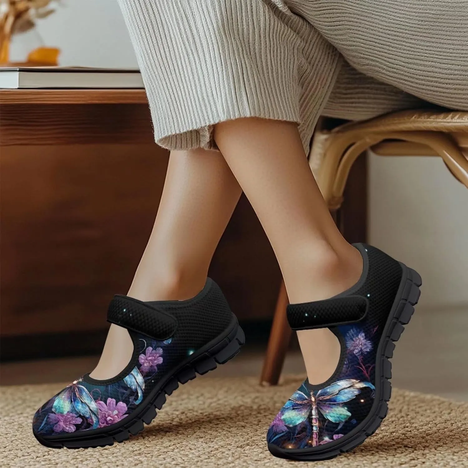 Jeiento Slip On Dragonfly Mary Jane Flats Ballet Flats Shoes for Women Round Toe Casual Dress