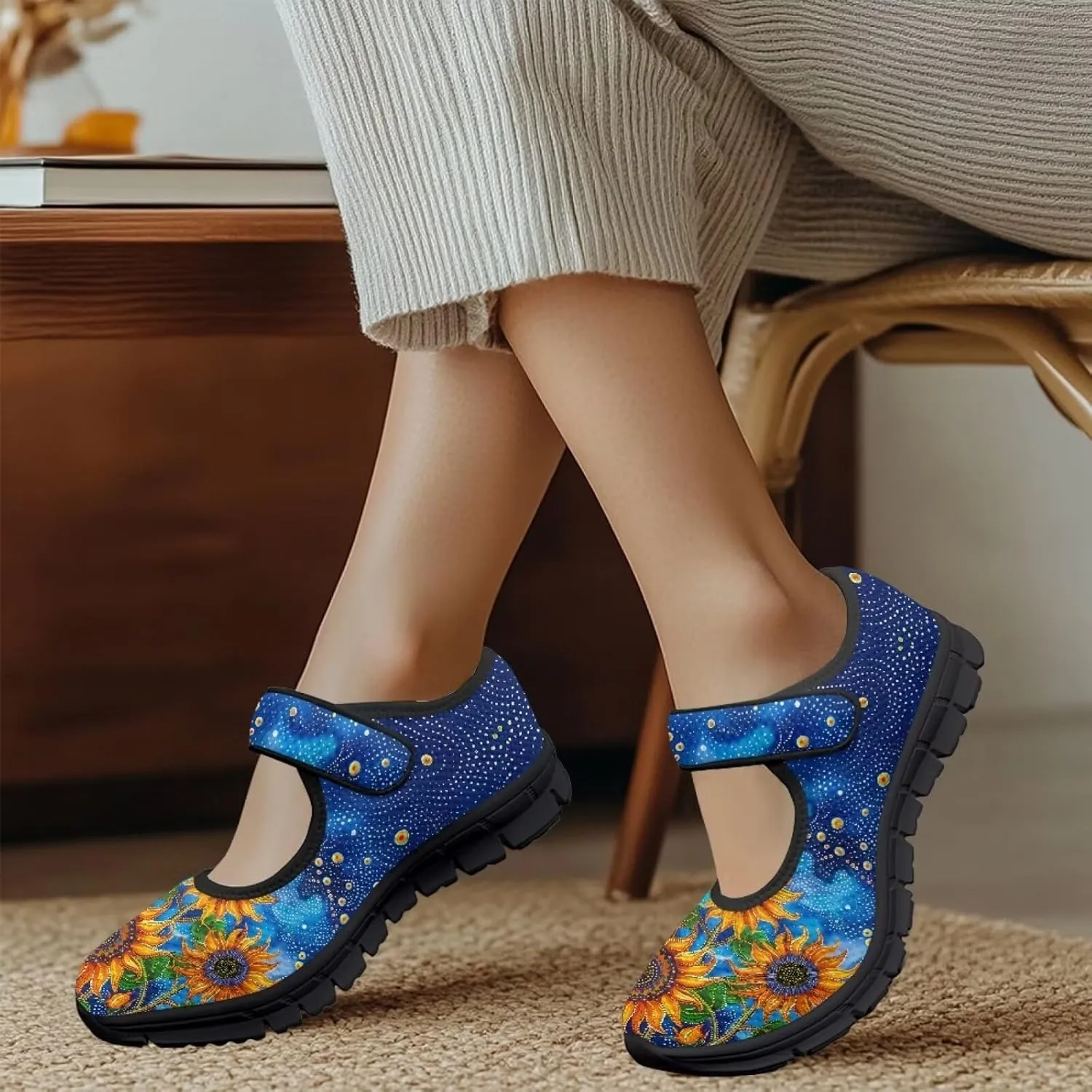 Jeiento Yellow Sunflower Mary Jane Shoes Women Slip on Ballet Flat Dressy Round Toe Flats Shoes