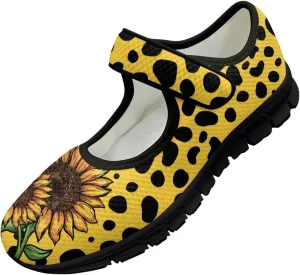Jeiento Yellow Sunflower Mary Jane Shoes Women Slip on Ballet Flat Dressy Round Toe Flats Shoes