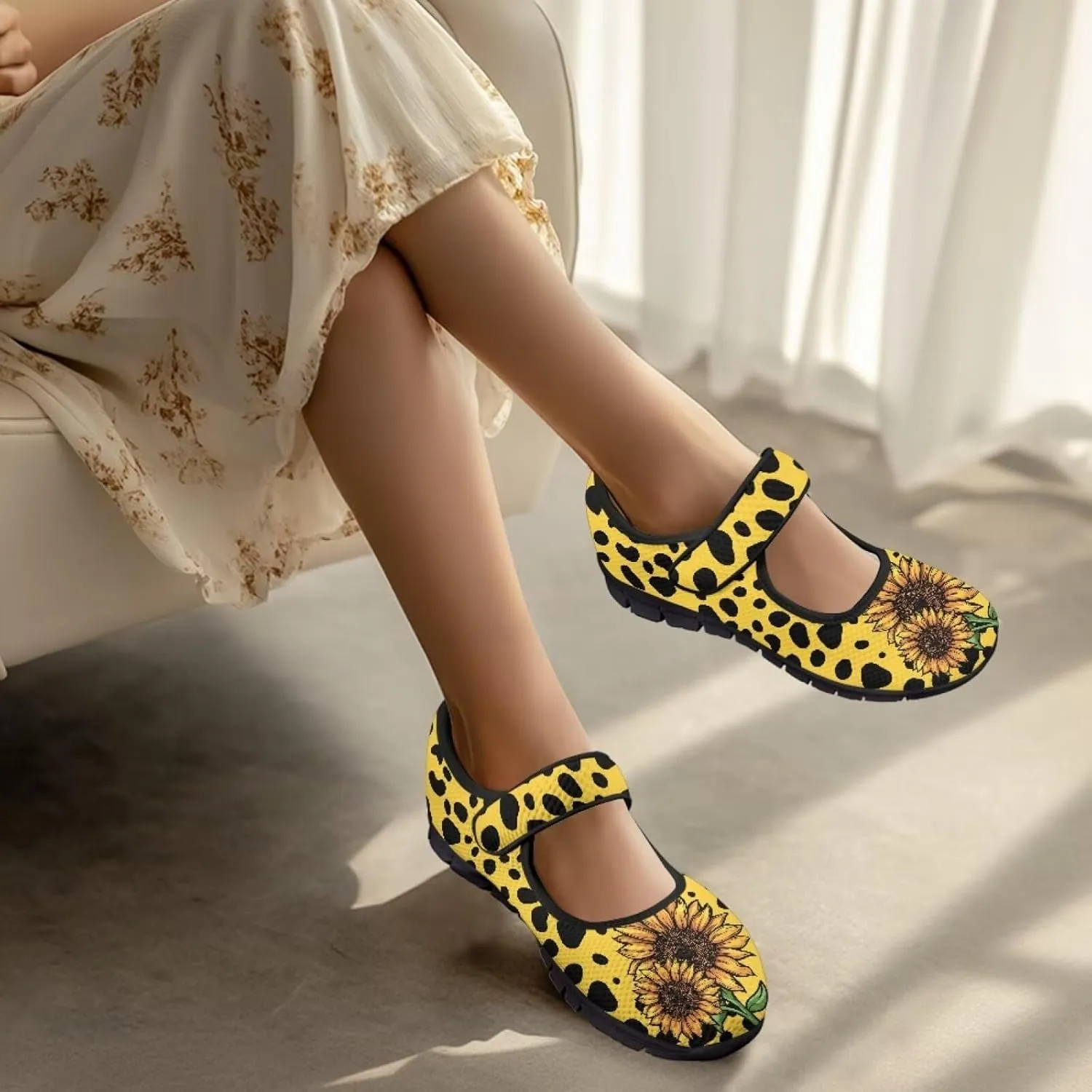 Jeiento Yellow Sunflower Mary Jane Shoes Women Slip on Ballet Flat Dressy Round Toe Flats Shoes