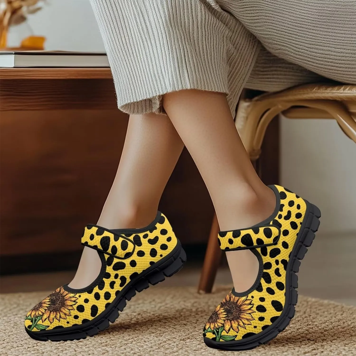 Jeiento Yellow Sunflower Mary Jane Shoes Women Slip on Ballet Flat Dressy Round Toe Flats Shoes