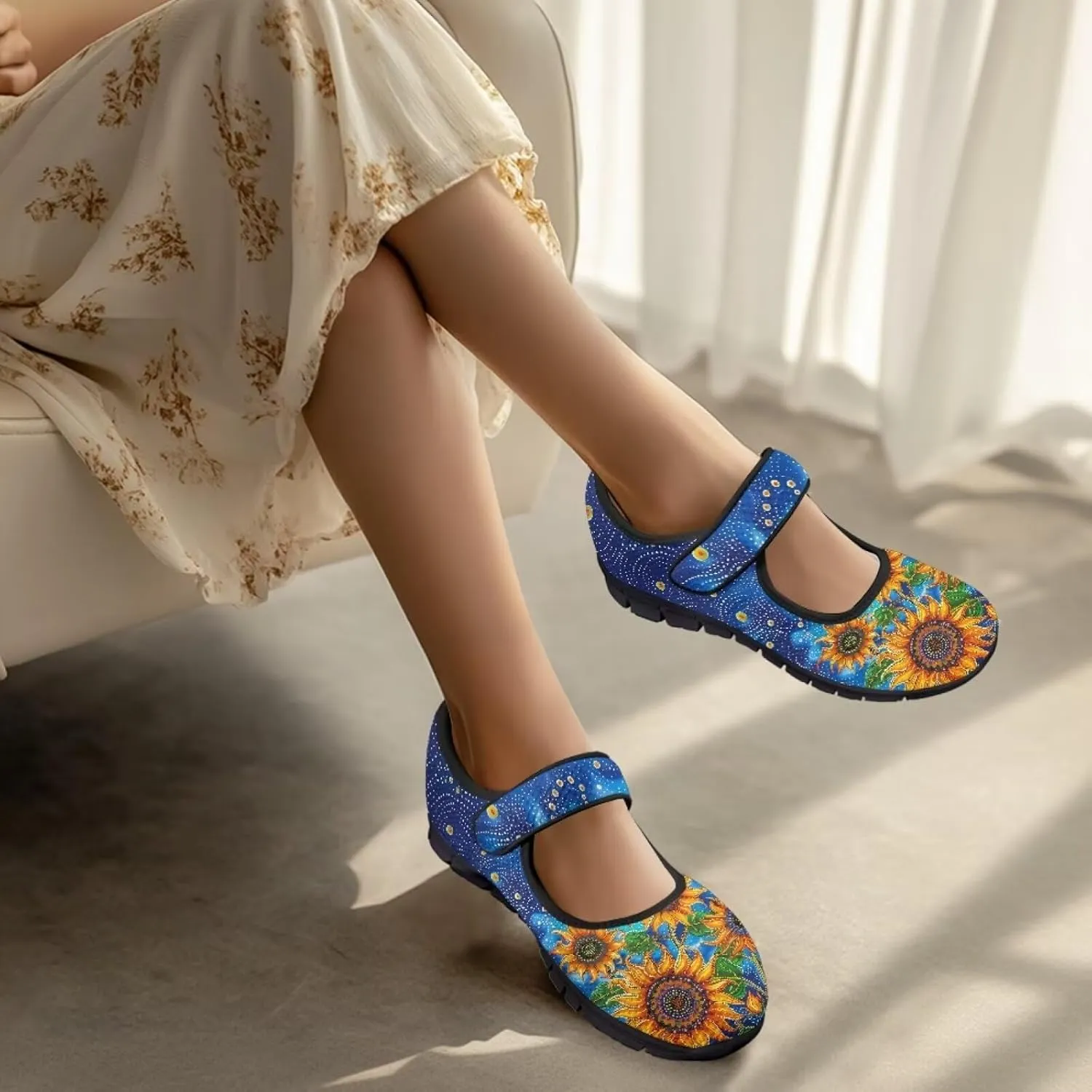 Jeiento Yellow Sunflower Mary Jane Shoes Women Slip on Ballet Flat Dressy Round Toe Flats Shoes