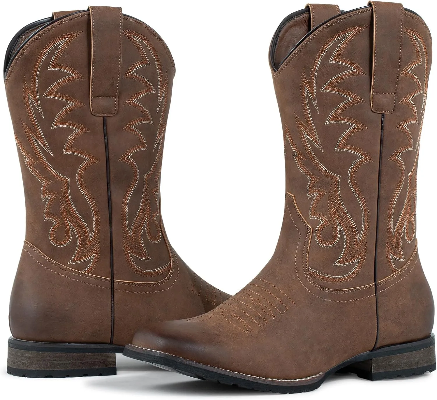 J's.o.l.e Cowboy Boots for Men Western Boots Wide Square Toe Men's Work Boots Classic Embroidered with Pull On Slip Resistant Boots Brown
