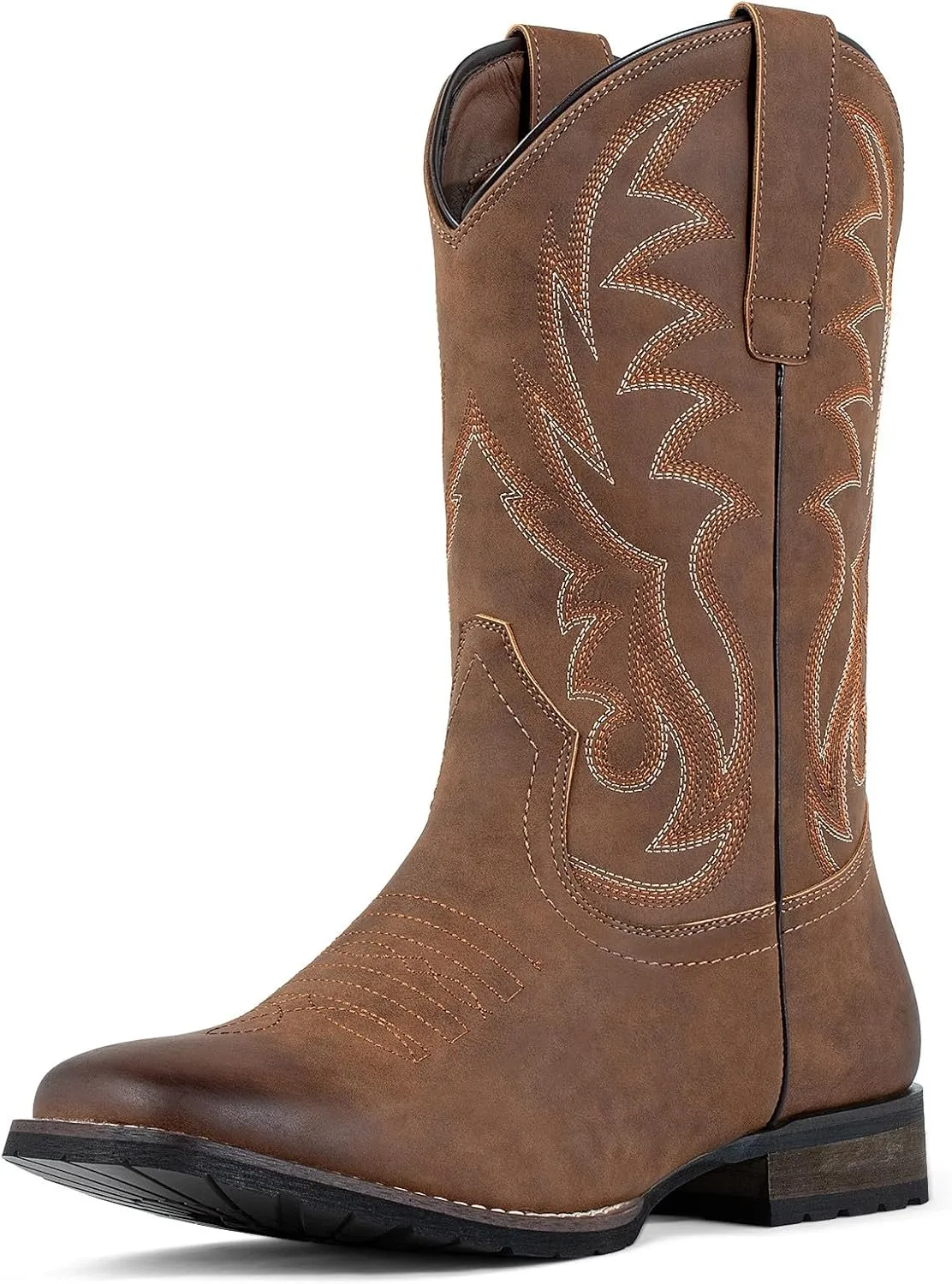 J's.o.l.e Cowboy Boots for Men Western Boots Wide Square Toe Men's Work Boots Classic Embroidered with Pull On Slip Resistant Boots Brown
