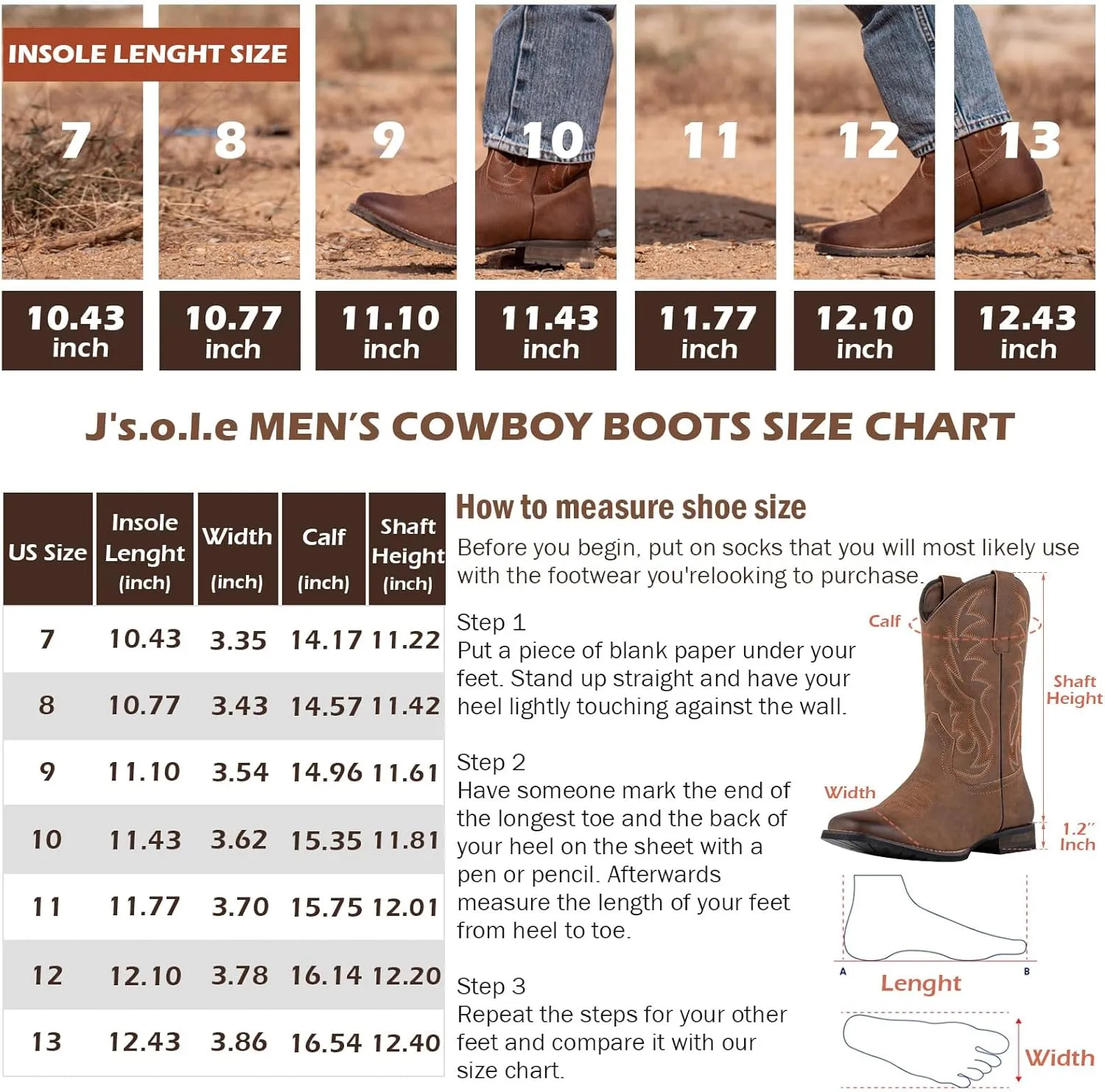 J's.o.l.e Cowboy Boots for Men Western Boots Wide Square Toe Men's Work Boots Classic Embroidered with Pull On Slip Resistant Boots Brown