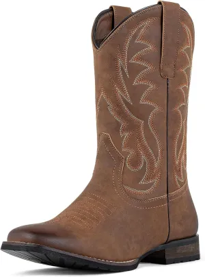 J's.o.l.e Cowboy Boots for Men Western Boots Wide Square Toe Men's Work Boots Classic Embroidered with Pull On Slip Resistant Boots Brown