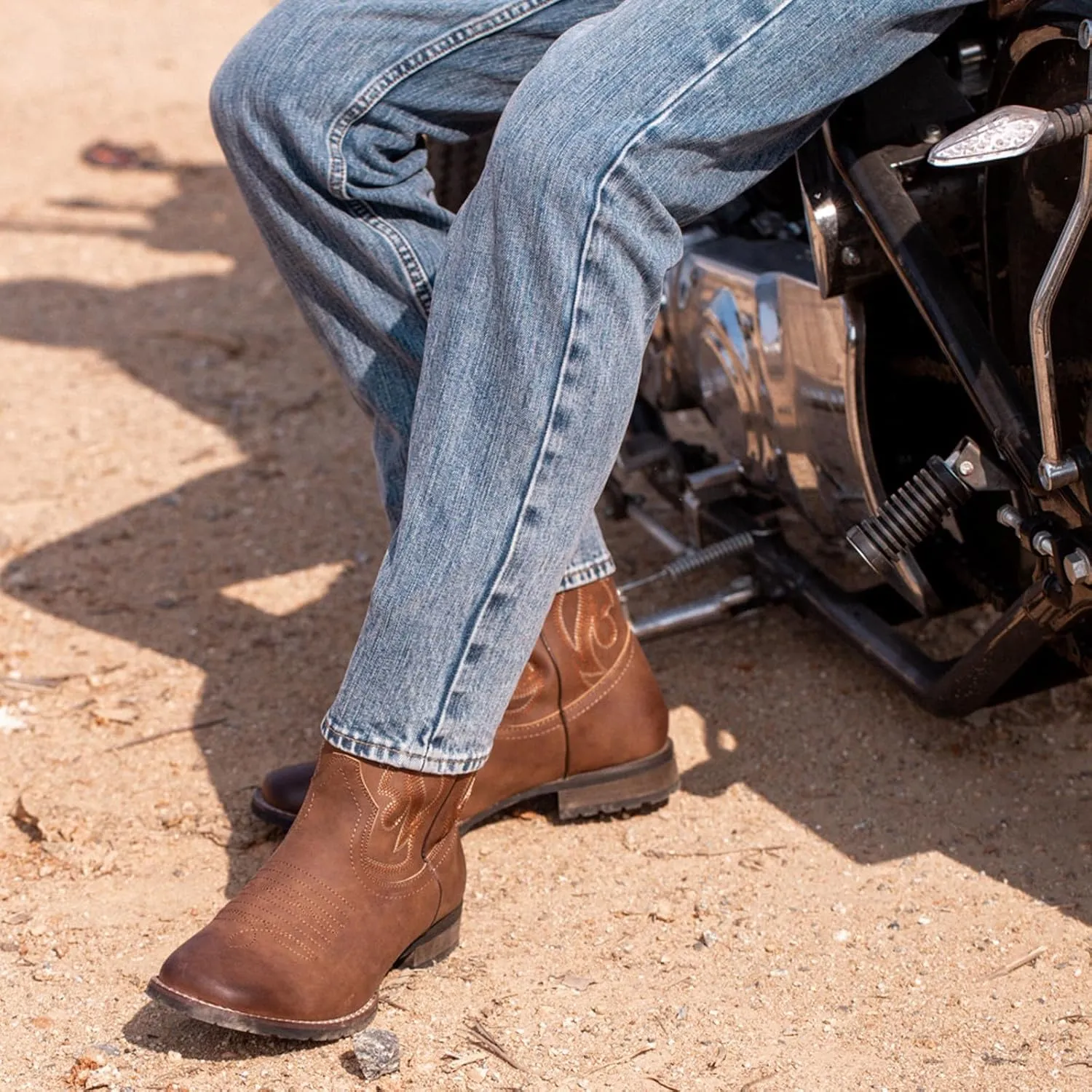 J's.o.l.e Cowboy Boots for Men Western Boots Wide Square Toe Men's Work Boots Classic Embroidered with Pull On Slip Resistant Boots Brown