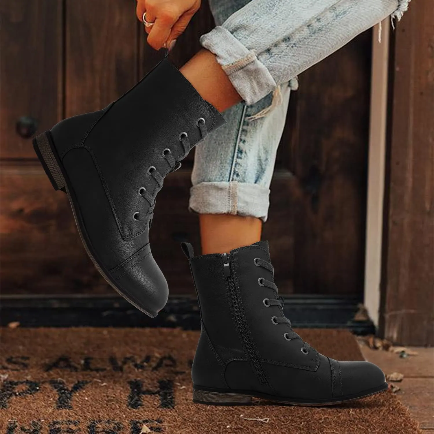 katliu Women's Combat Boots Lace up Military Ankle Boots Side Zipper Round Toe Booties