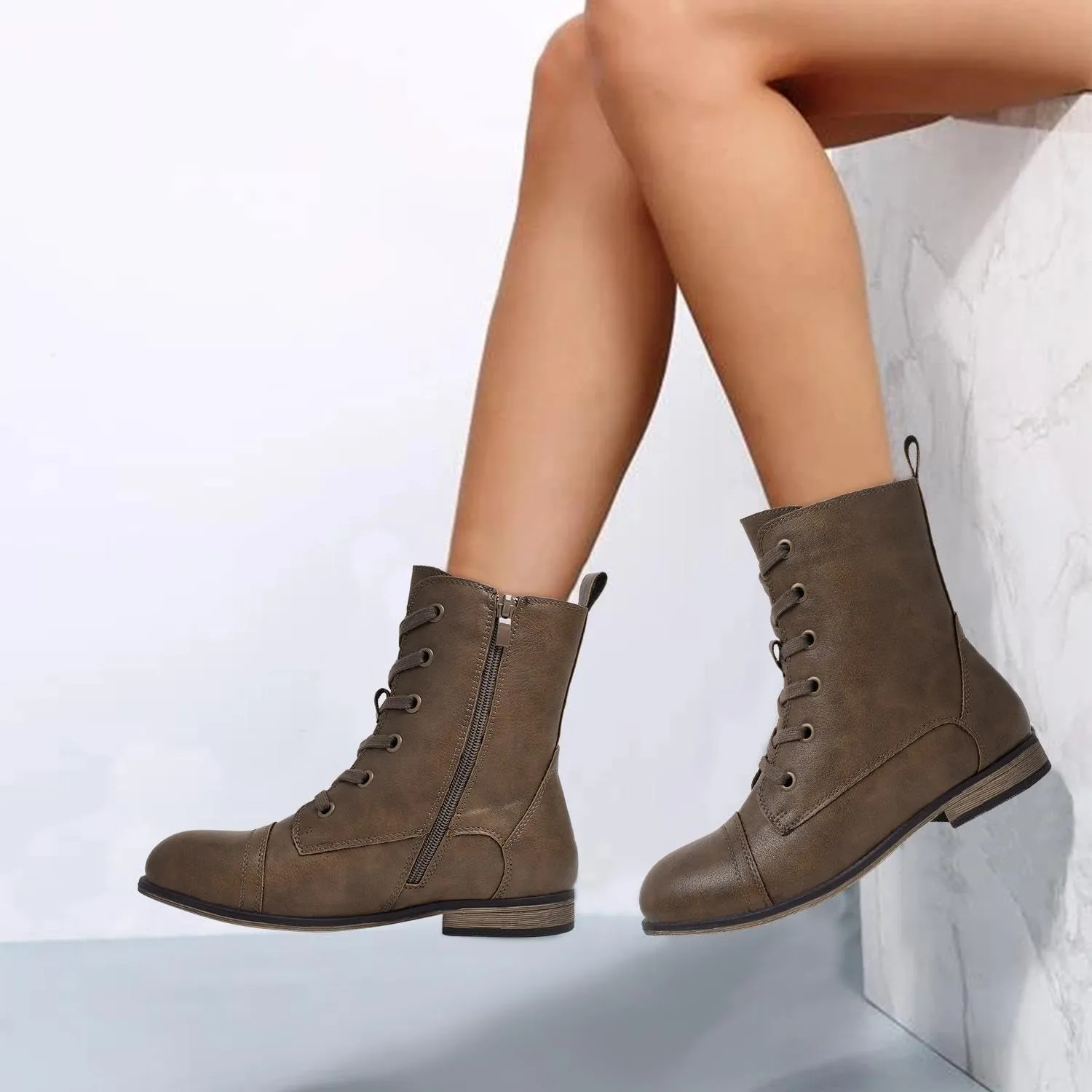 katliu Women's Combat Boots Lace up Military Ankle Boots Side Zipper Round Toe Booties