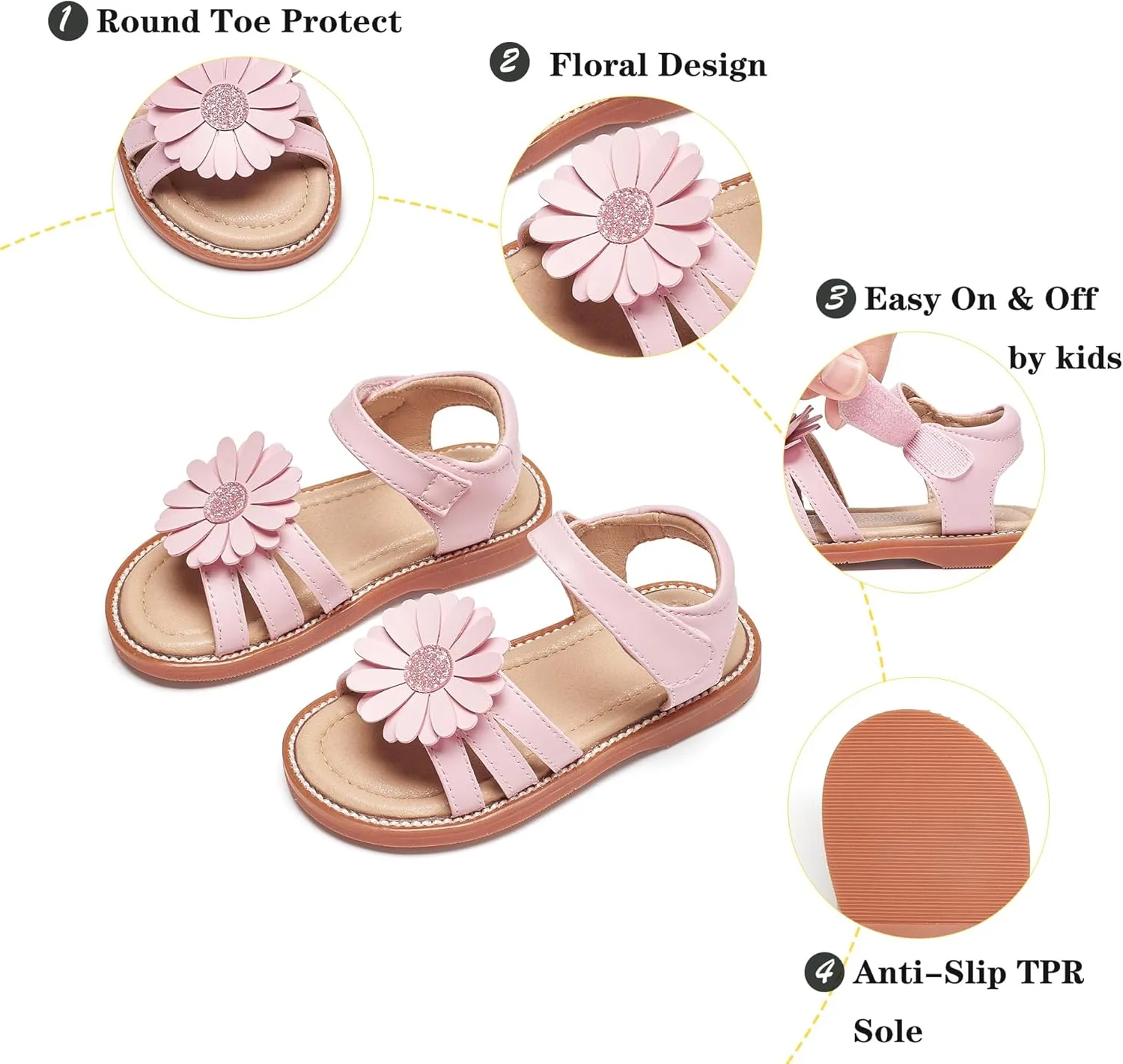 Kiderence Toddler Girls Pink Floral Sandals - Girls' Casual Flat Sandals with Ankle Strap