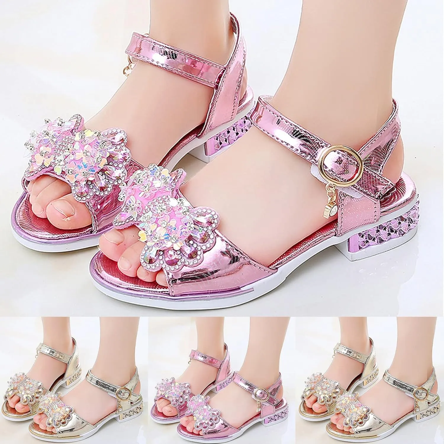 Kids Girl Baby Summer Shoes with Diamond Butterfly Sandals Anti Slip Shoes Princess Dance (Gold, 13.5 Little Child)