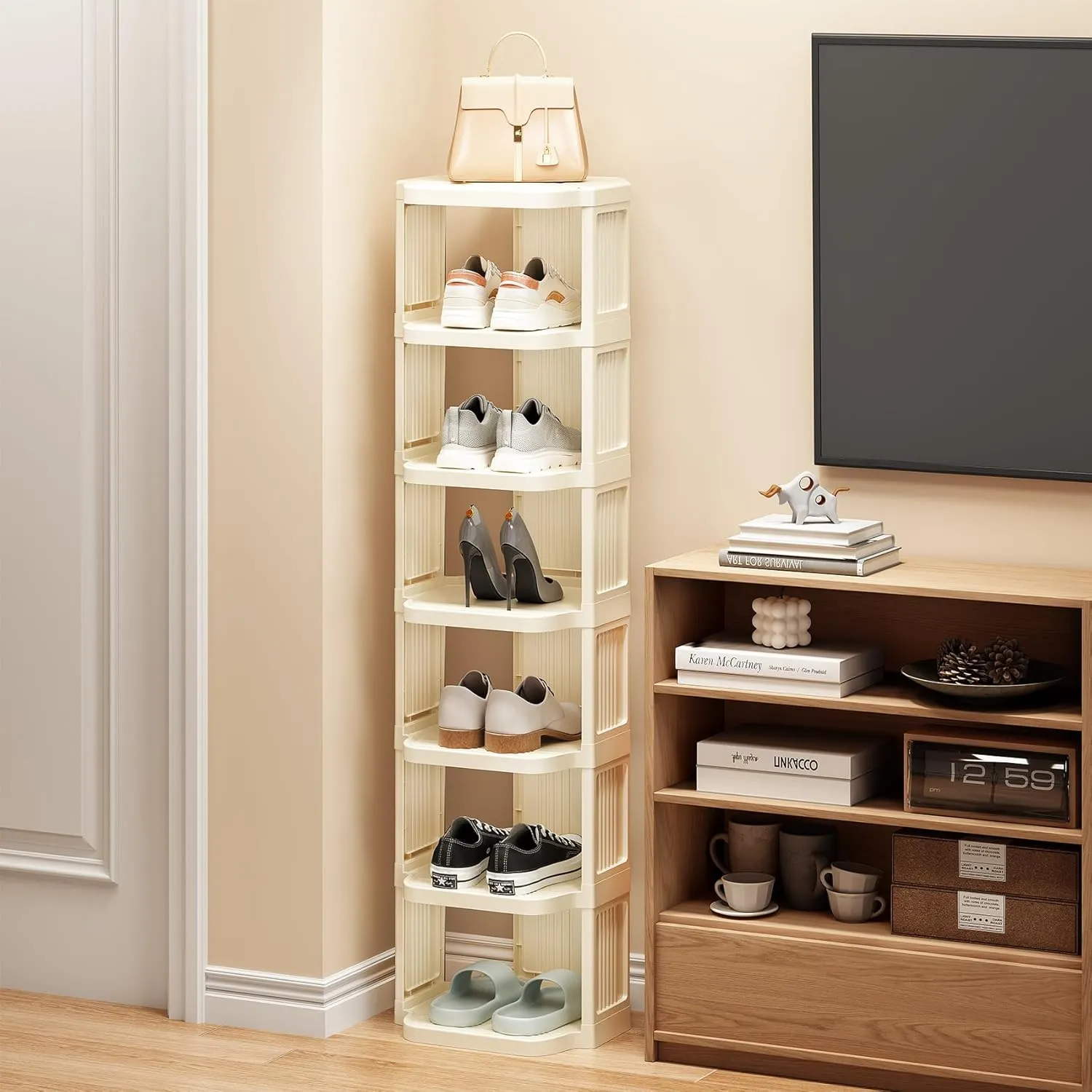 Kitstorack Vertical Shoe Rack: 8 Tiers Stackable Shoe Rack for Closet DIY Free Standing Shoe Organizer Small Shoe Shelf for Small Spaces and Narrow Spaces Plastic, White