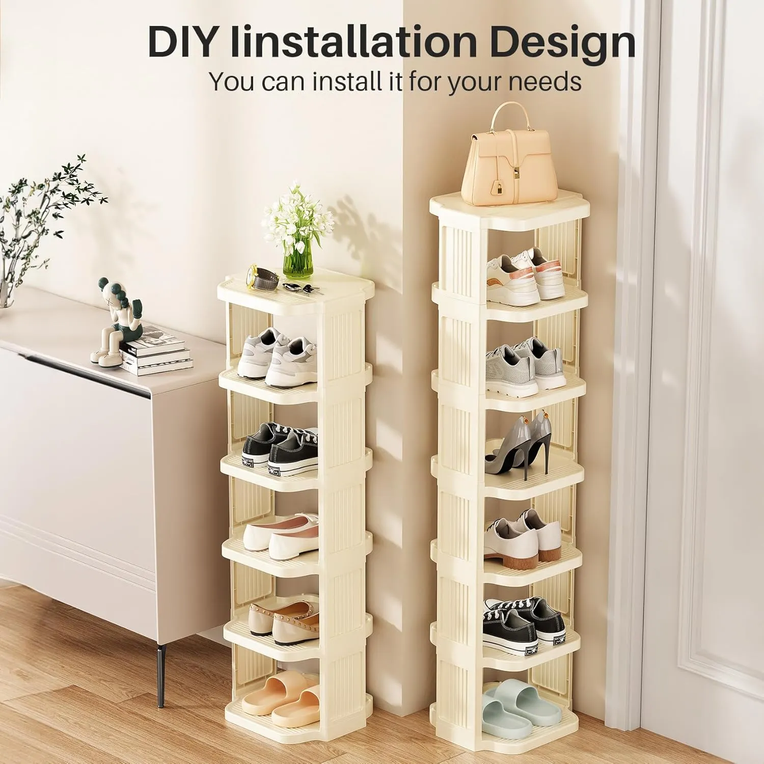 Kitstorack Vertical Shoe Rack: 8 Tiers Stackable Shoe Rack for Closet DIY Free Standing Shoe Organizer Small Shoe Shelf for Small Spaces and Narrow Spaces Plastic, White