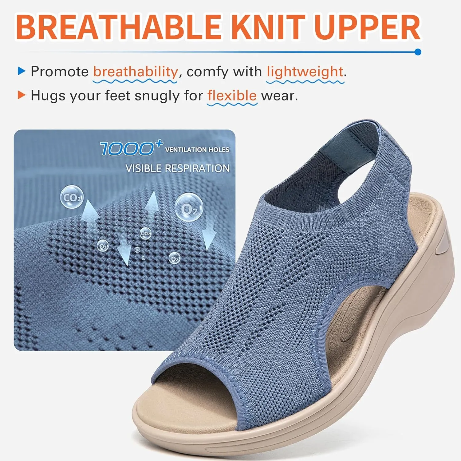 KOIMED Women's Comfortable Platform Walking Sandals With Memory Foam Open Toe Lightweight Breathable Soft Mesh Washable For Summer Travel Casual Beach Outdoor Sport