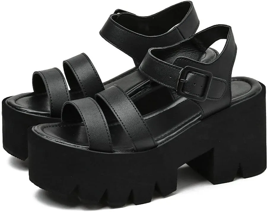 KOKOMOMO Womens Goth Buckle Platform Sandals High Chunky Heels Gladiator Roman Strappy Sandals