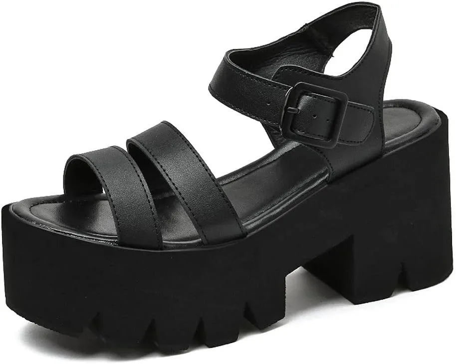 KOKOMOMO Womens Goth Buckle Platform Sandals High Chunky Heels Gladiator Roman Strappy Sandals
