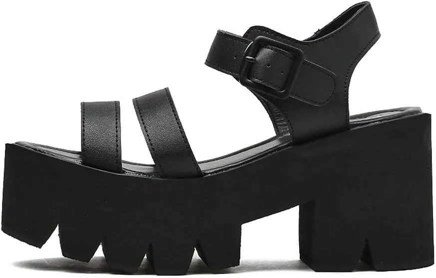 KOKOMOMO Womens Goth Buckle Platform Sandals High Chunky Heels Gladiator Roman Strappy Sandals