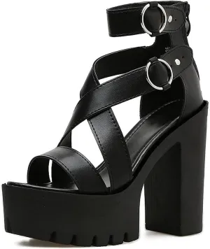KOKOMOMO Womens High Chunky Heel Platform Ankle Strap Goth Sandals