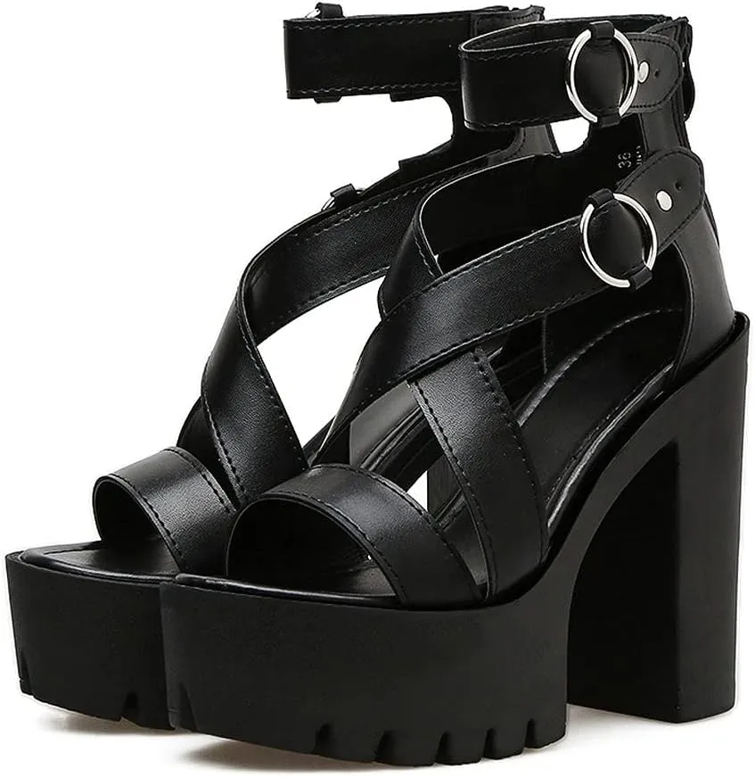 KOKOMOMO Womens High Chunky Heel Platform Ankle Strap Goth Sandals