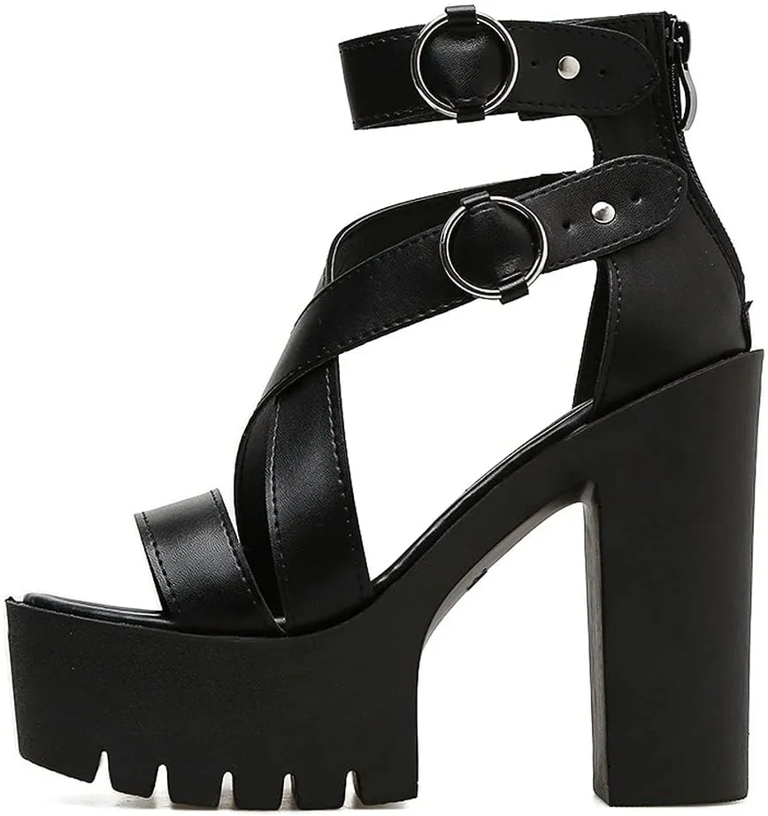 KOKOMOMO Womens High Chunky Heel Platform Ankle Strap Goth Sandals