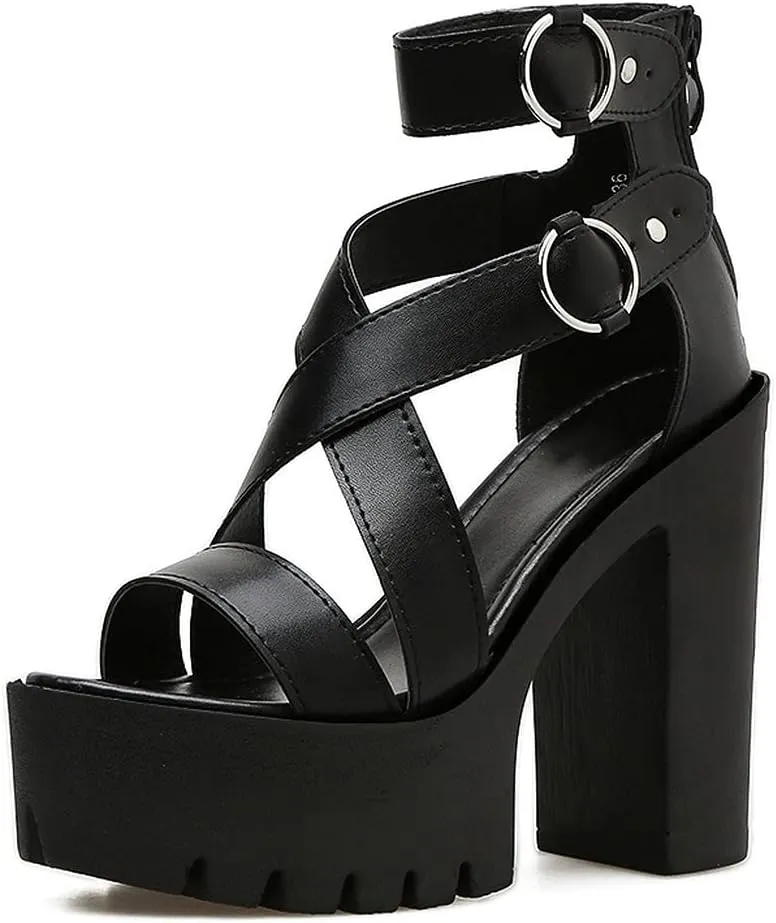 KOKOMOMO Womens High Chunky Heel Platform Ankle Strap Goth Sandals