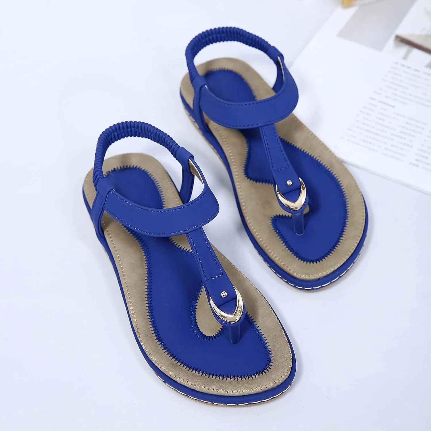 KUNWFNIX Womens Sandals Comfortable Summer Dressy Flat Sandals Bohemian Clip Toe Leather Upholstery T-Strap Flip Flop Thong Sandals