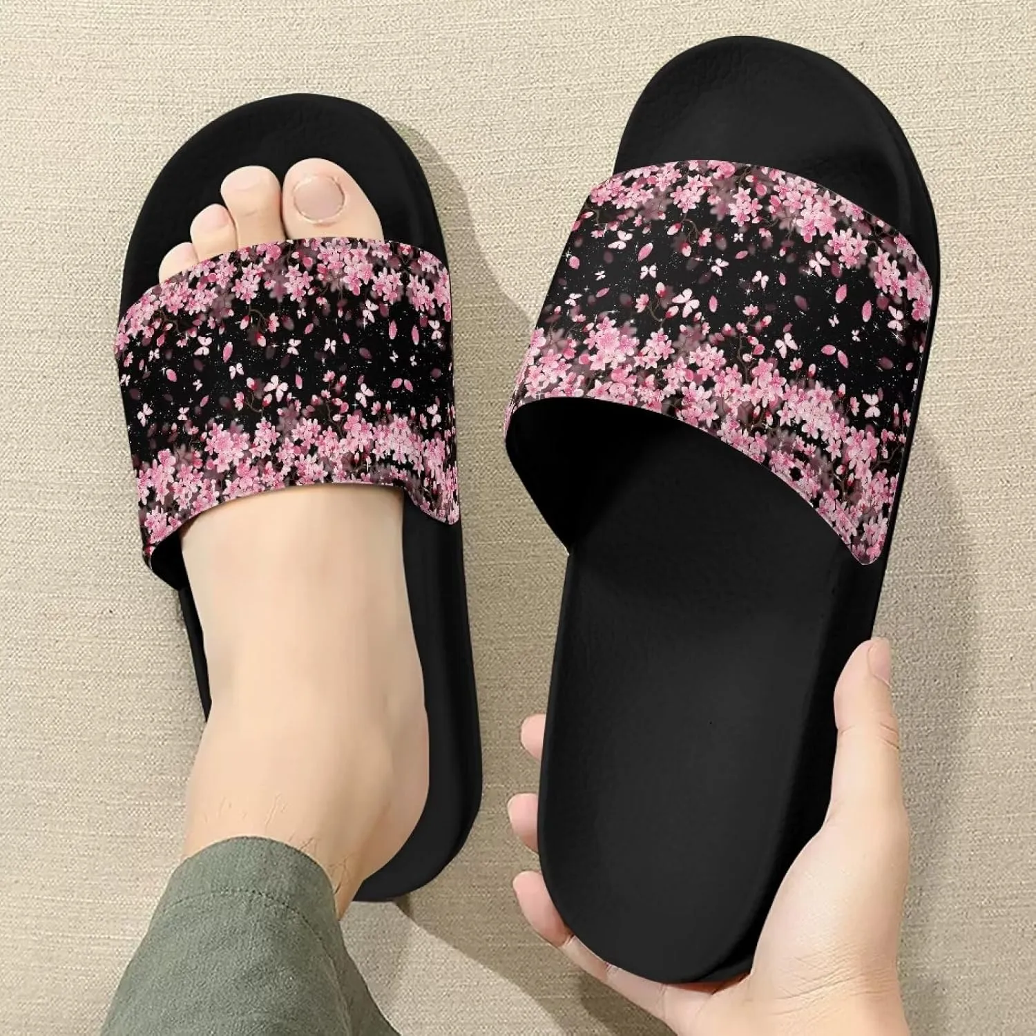 Ladies Pillow House Slide Sandals Open Toe Black Flat Shoes Ultra Cushion Sandals Single Band Bath Shower Shoes Travel-friendly Flip Flops