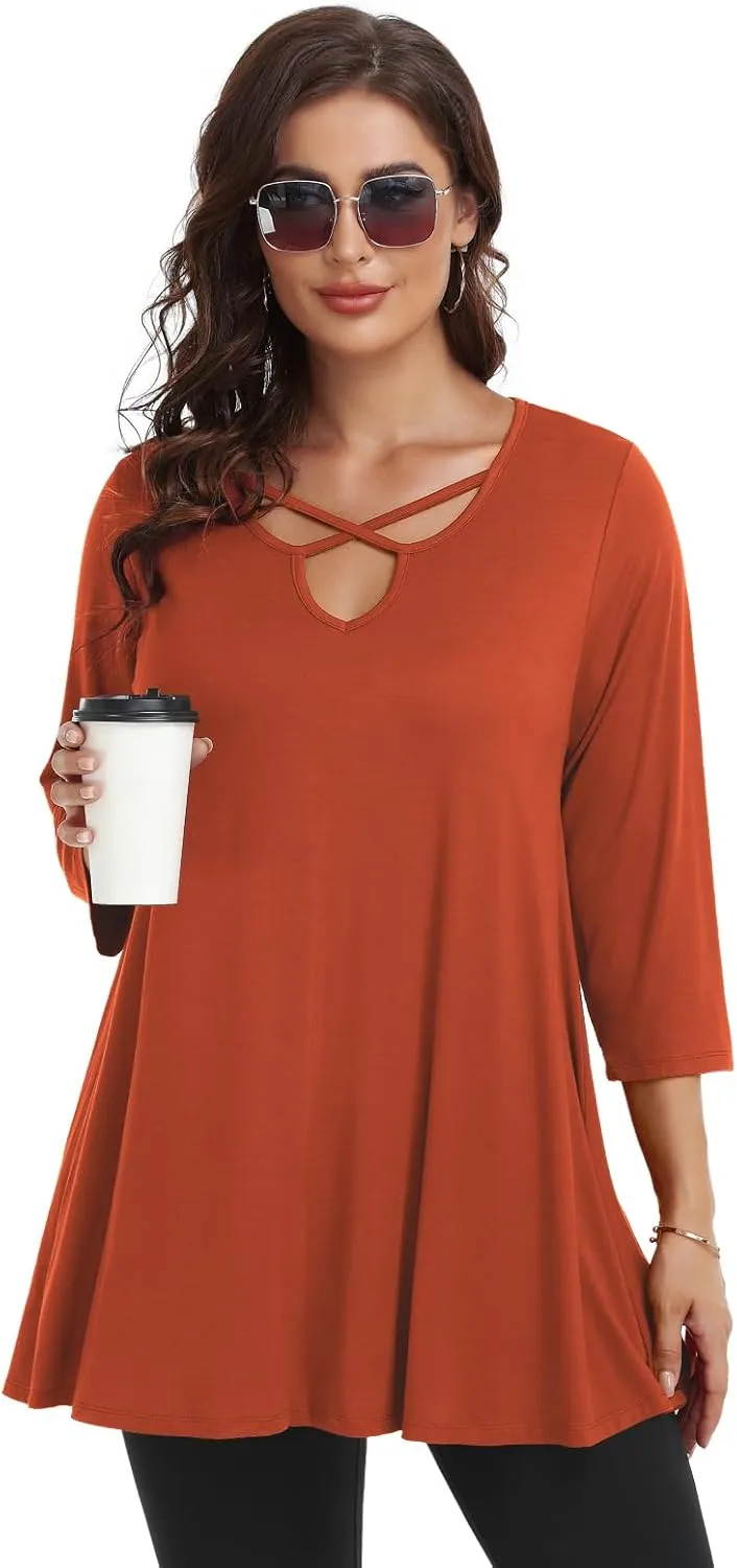 LARACE Plus Size Tops for Women V Neck 3/4 Sleeve Tunic Criss Cross Dress Shirts Casual Fall Blouse for Leggings