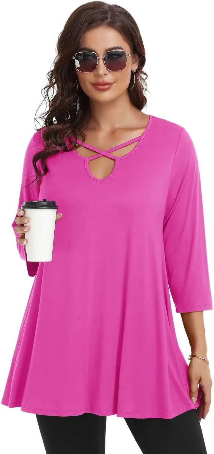 LARACE Plus Size Tops for Women V Neck 3/4 Sleeve Tunic Criss Cross Dress Shirts Casual Fall Blouse for Leggings
