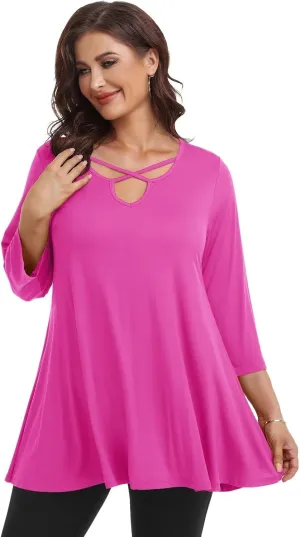 LARACE Plus Size Tops for Women V Neck 3/4 Sleeve Tunic Criss Cross Dress Shirts Casual Fall Blouse for Leggings