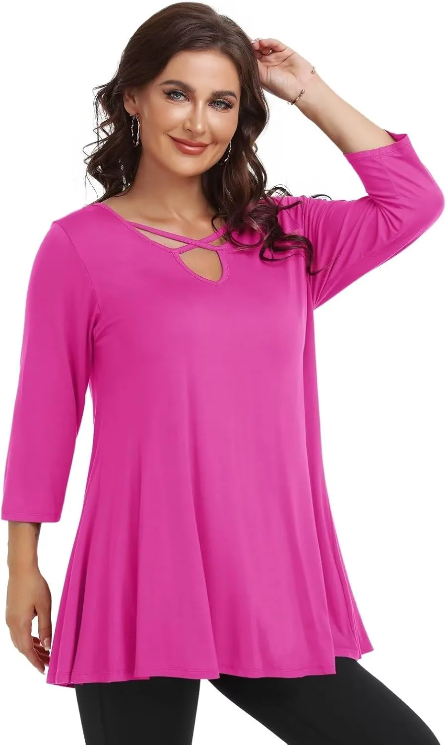 LARACE Plus Size Tops for Women V Neck 3/4 Sleeve Tunic Criss Cross Dress Shirts Casual Fall Blouse for Leggings