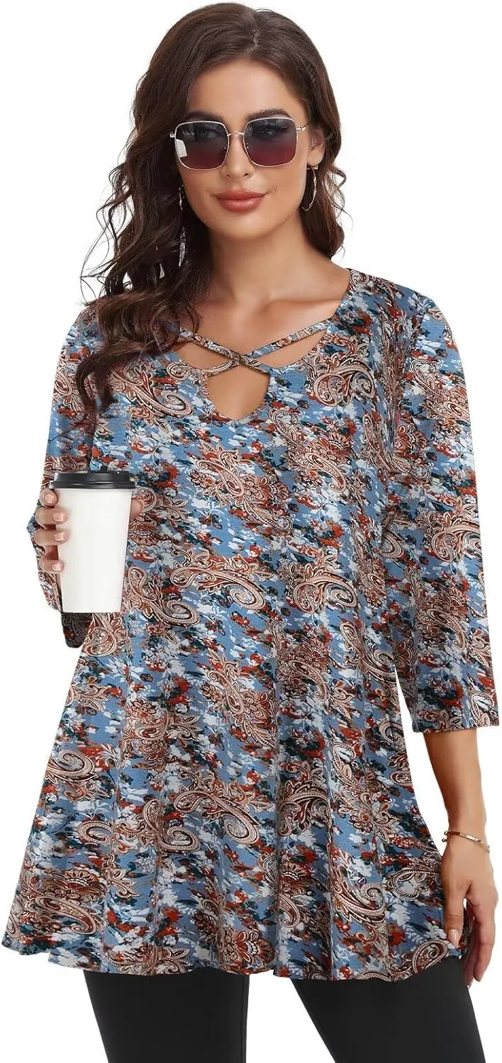 LARACE Plus Size Tops for Women V Neck 3/4 Sleeve Tunic Criss Cross Dress Shirts Casual Fall Blouse for Leggings
