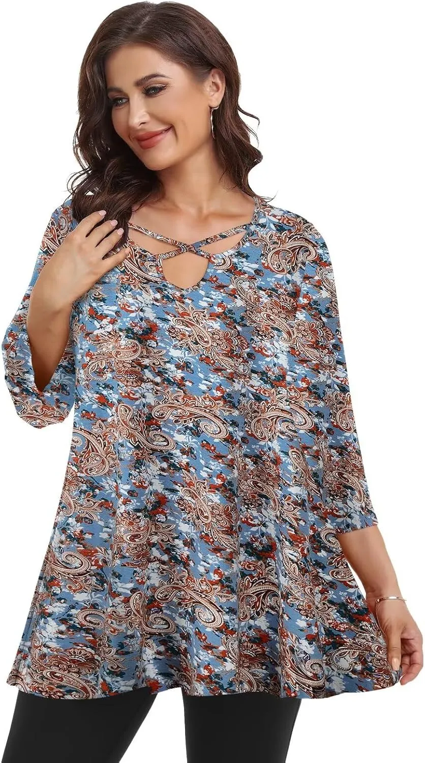 LARACE Plus Size Tops for Women V Neck 3/4 Sleeve Tunic Criss Cross Dress Shirts Casual Fall Blouse for Leggings