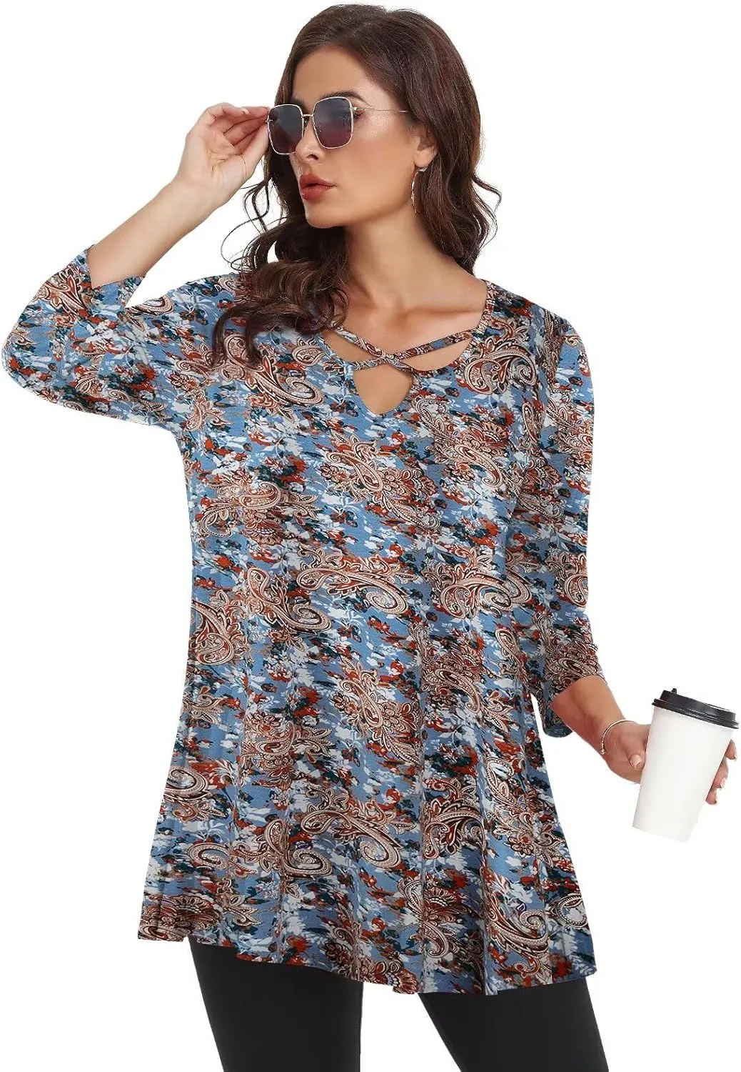 LARACE Plus Size Tops for Women V Neck 3/4 Sleeve Tunic Criss Cross Dress Shirts Casual Fall Blouse for Leggings