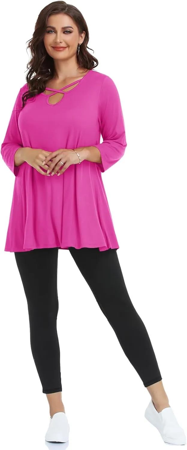 LARACE Plus Size Tops for Women V Neck 3/4 Sleeve Tunic Criss Cross Dress Shirts Casual Fall Blouse for Leggings