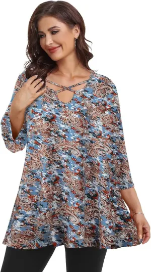 LARACE Plus Size Tops for Women V Neck 3/4 Sleeve Tunic Criss Cross Dress Shirts Casual Fall Blouse for Leggings