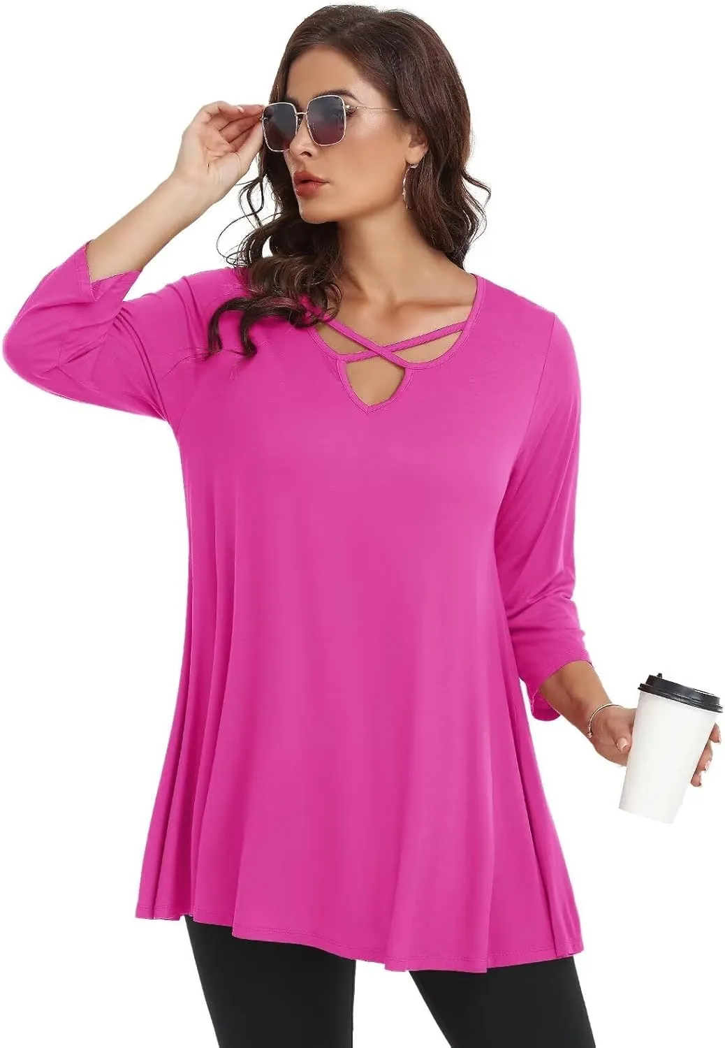 LARACE Plus Size Tops for Women V Neck 3/4 Sleeve Tunic Criss Cross Dress Shirts Casual Fall Blouse for Leggings