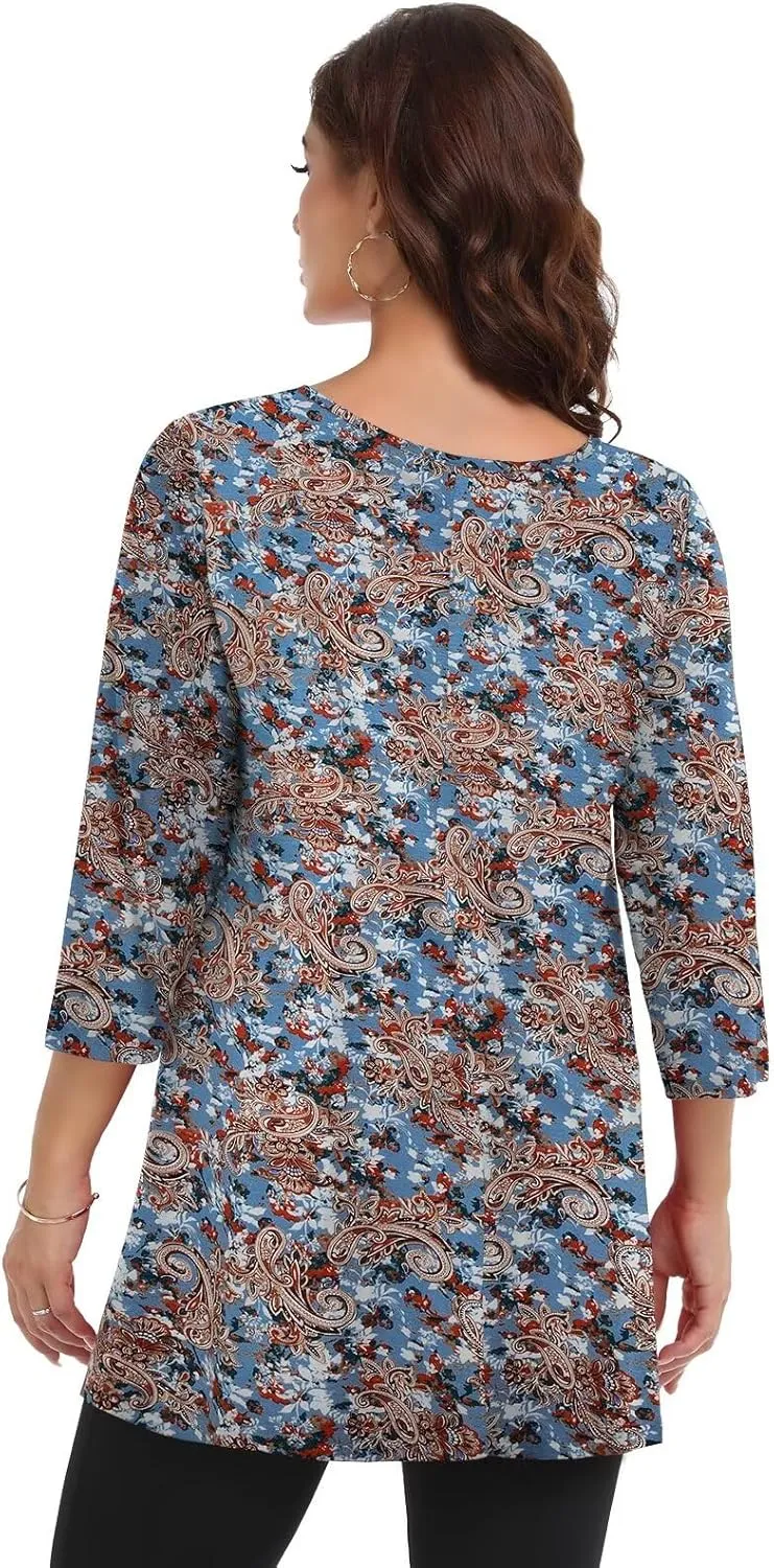 LARACE Plus Size Tops for Women V Neck 3/4 Sleeve Tunic Criss Cross Dress Shirts Casual Fall Blouse for Leggings