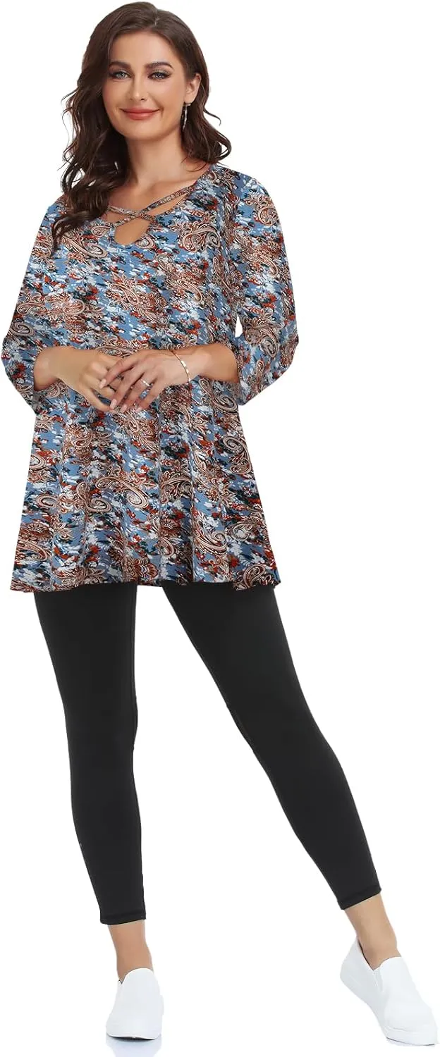 LARACE Plus Size Tops for Women V Neck 3/4 Sleeve Tunic Criss Cross Dress Shirts Casual Fall Blouse for Leggings