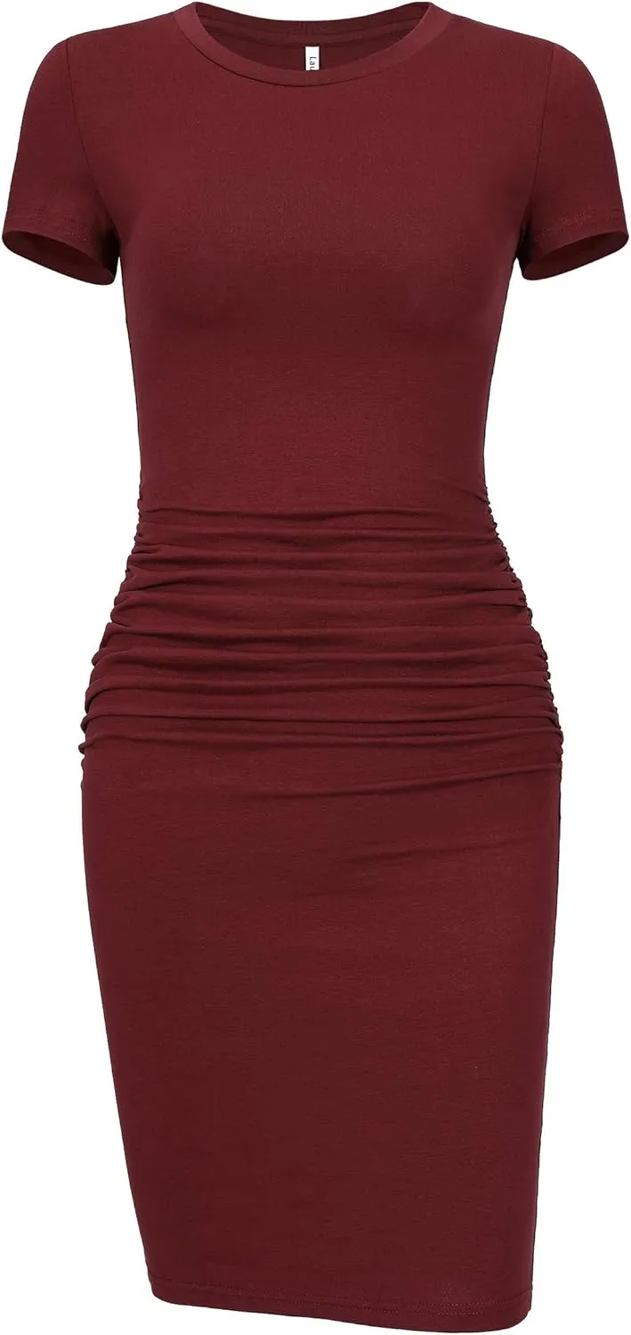 Laughido Women's Short Sleeve Ruched Bodycon Sundress Knee Length T Shirt Dresses 2025 Trendy Casual Outfits