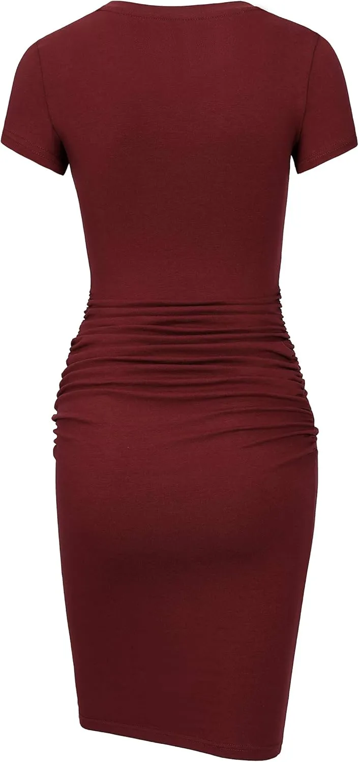 Laughido Women's Short Sleeve Ruched Bodycon Sundress Knee Length T Shirt Dresses 2025 Trendy Casual Outfits