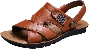 Leather Sandals for Men Breathable Orthopedic Sandals with Arch Support Non-Slip Adjustable Buckle Sports Slides Wide