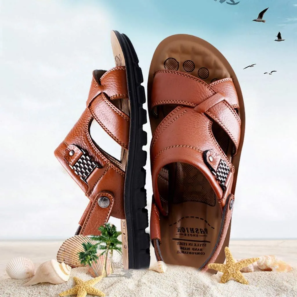 Leather Sandals for Men Breathable Orthopedic Sandals with Arch Support Non-Slip Adjustable Buckle Sports Slides Wide