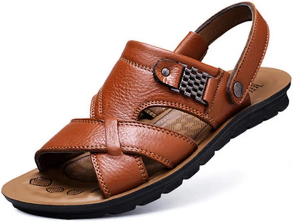 Leather Sandals for Men Breathable Orthopedic Sandals with Arch Support Non-Slip Adjustable Buckle Sports Slides Wide